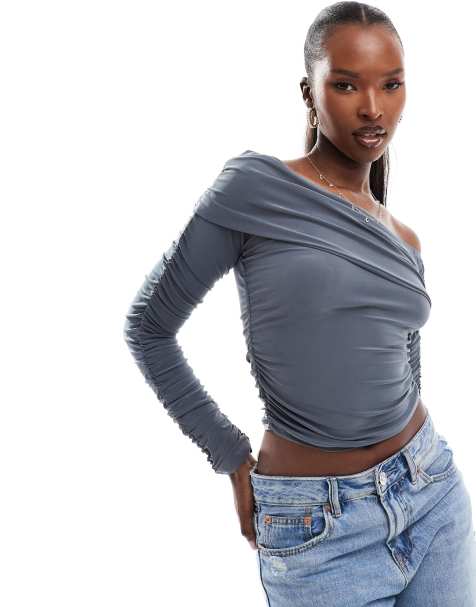 ASOS DESIGN slinky asymmetric neck ruched sleeve top in grey - view 1