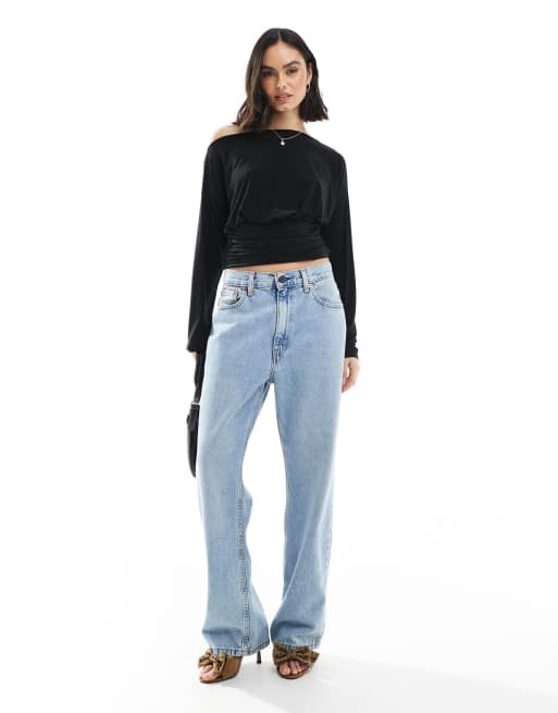 ASOS DESIGN slinky asymmetric one shoulder long sleeve top with cinch waist detail in black