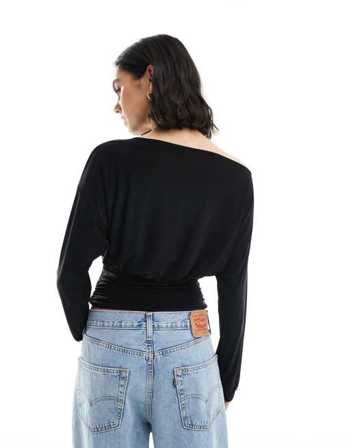 ASOS DESIGN slinky asymmetric one shoulder long sleeve top with cinch waist detail in black