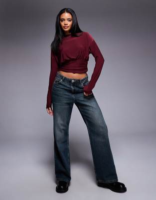 Asos Design Slinky Asymmetric One Shoulder Long Sleeve Top With Cinch Waist Detail In Red