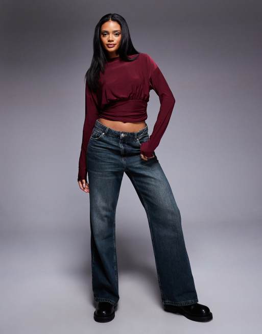 ASOS DESIGN slinky asymmetric one shoulder long sleeve top with cinch waist detail in burgundy