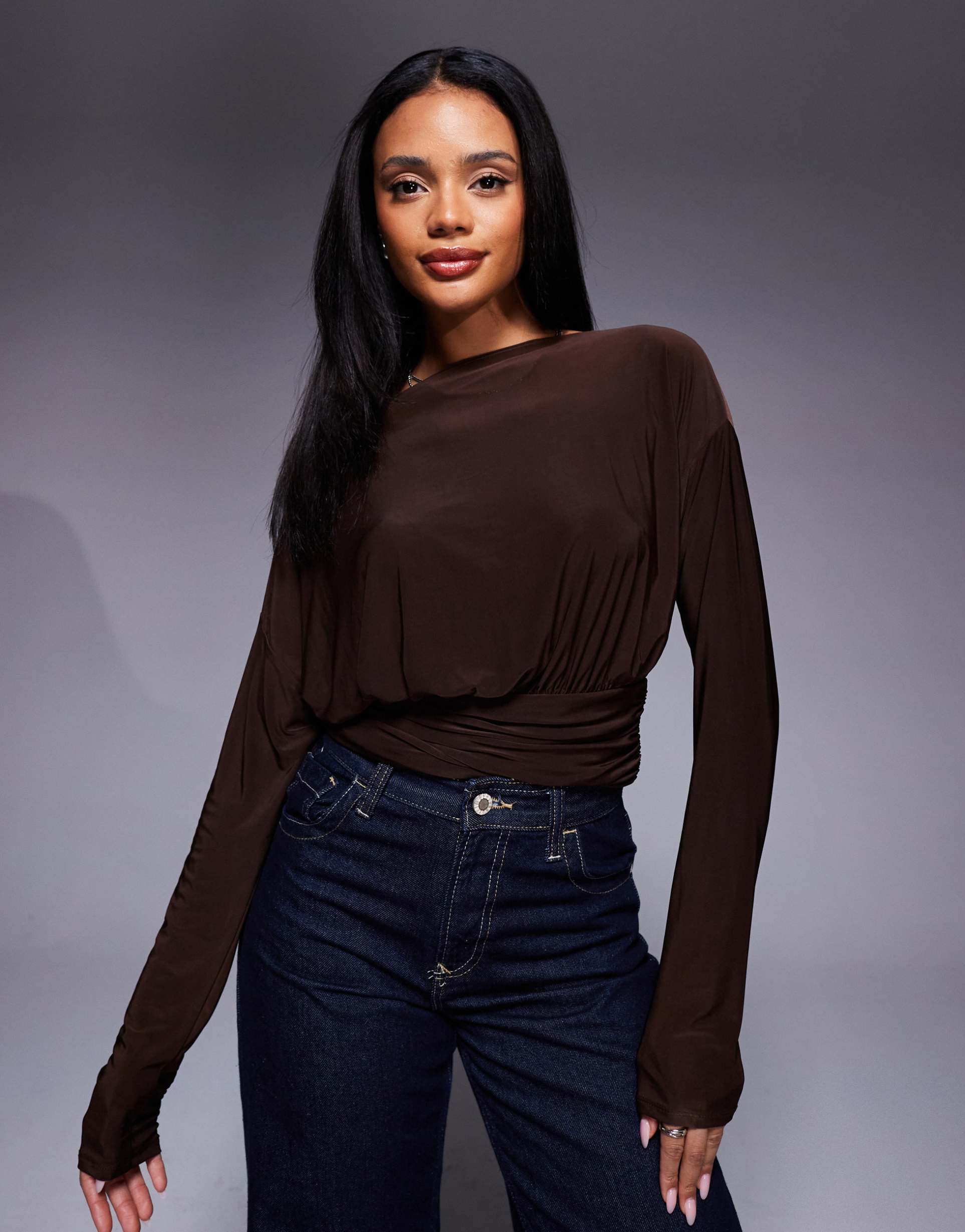 asos design slinky asymmetric one shoulder long sleeve top with cinch waist detail in chocolate