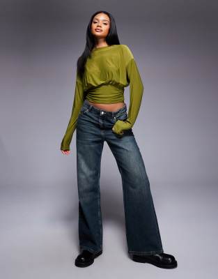 Asos Design Slinky Asymmetric One-shoulder Long Sleeve Top With Cinch Waist Detail In Green