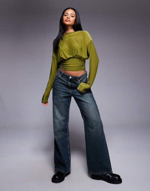 ASOS DESIGN slinky asymmetric one-shoulder long sleeve top with cinch waist detail in olive