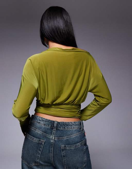 ASOS DESIGN slinky asymmetric one-shoulder long sleeve top with cinch waist detail in olive