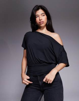 ASOS DESIGN slinky asymmetric one shoulder short sleeve top with cinch waist detail in black