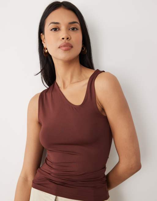 ASOS DESIGN slinky asymmetric top in chocolate, 2 of 4