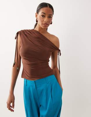 ASOS DESIGN slinky asymmetric top with beaded ties in chocolate