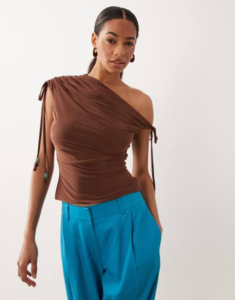 ASOS DESIGN slinky asymmetric top with beaded ties in chocolate - view 1