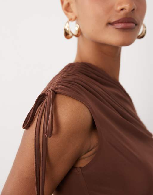 ASOS DESIGN slinky asymmetric top with beaded ties in chocolate, 3 of 4