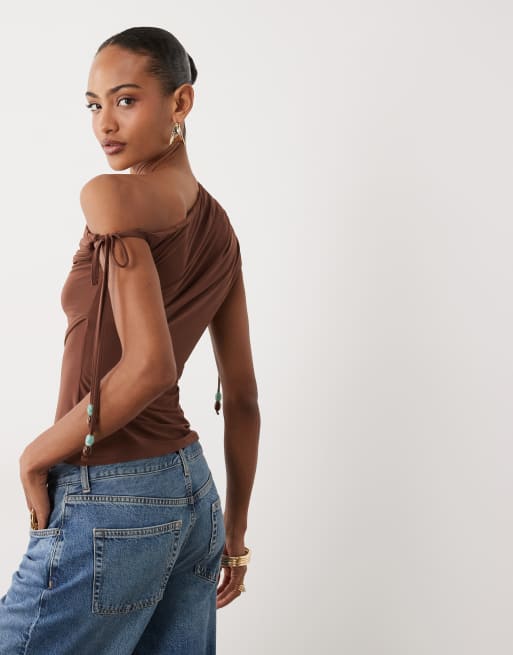ASOS DESIGN slinky asymmetric top with beaded ties in chocolate, 4 of 4