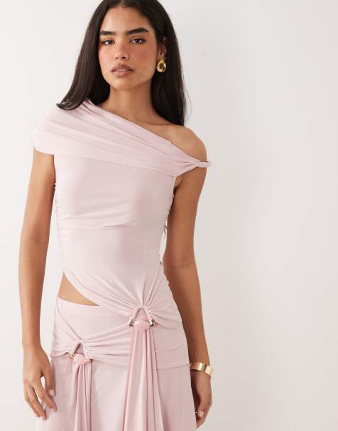 ASOS DESIGN slinky asymmetrical top with hardware detail in pink - part of a set - view 1