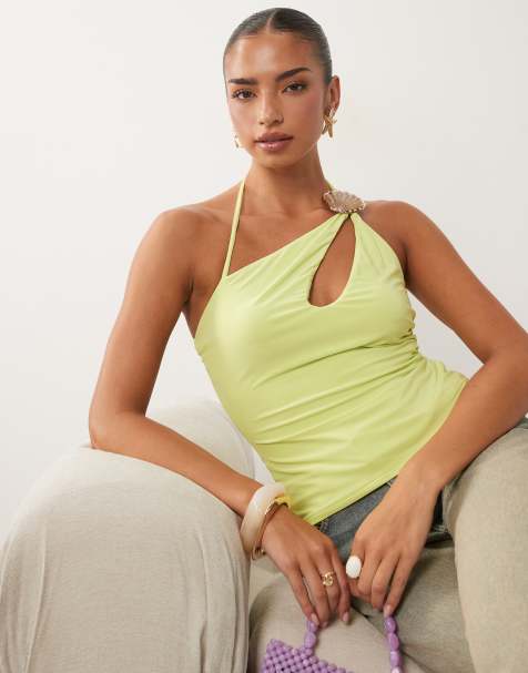 ASOS DESIGN slinky asymmetrische top met schelprand in lime - view 1
