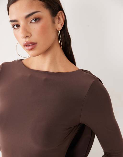 ASOS DESIGN slinky backless maxi dress with gold hardware detail in chocolate, 4 of 4