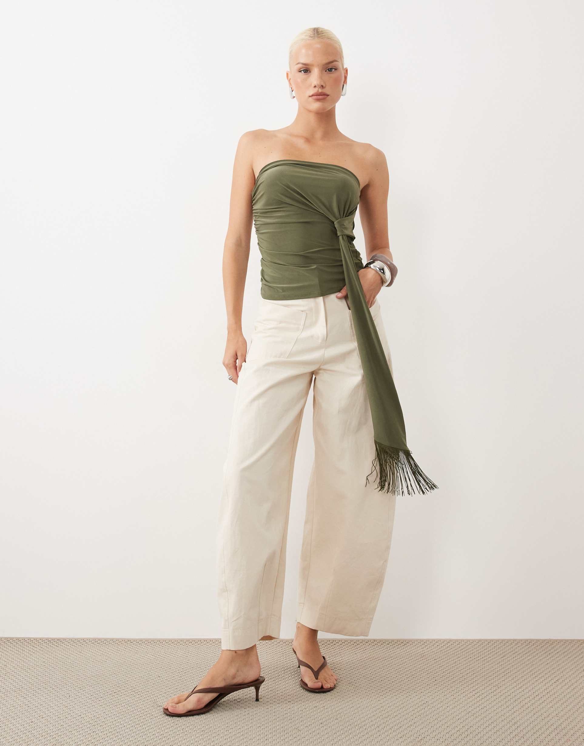 asos design slinky bandeau crop top with fringe drape detail in khaki