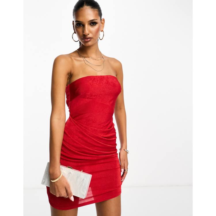 ASOS DESIGN satin bandeau mini dress with structured skirt in red