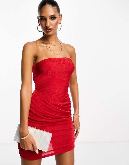 ASOS DESIGN satin bandeau mini dress with structured skirt in red