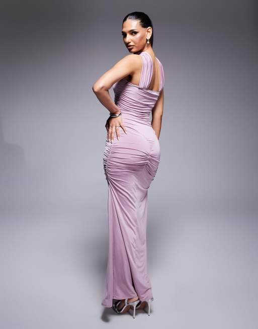 ASOS DESIGN slinky bandeau ruched maxi dress with neck tie in lilac, 3 of 4