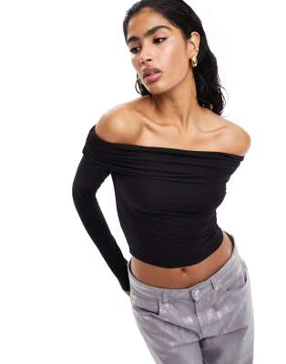 ASOS DESIGN slinky bardot long sleeve top in black
