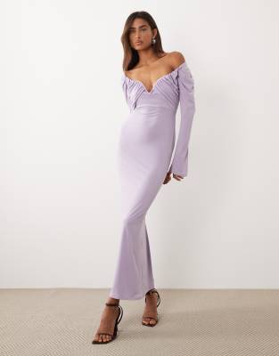 Asos Design Slinky Bardot Midi Dress With Wired Bust In Purple