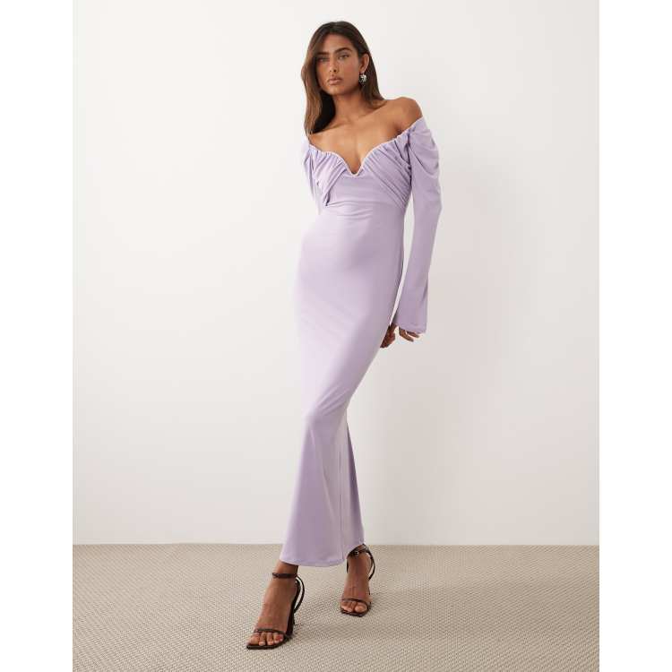purple bardot midi dress ASOS DESIGN slinky bardot midi dress with wired bust in lilac