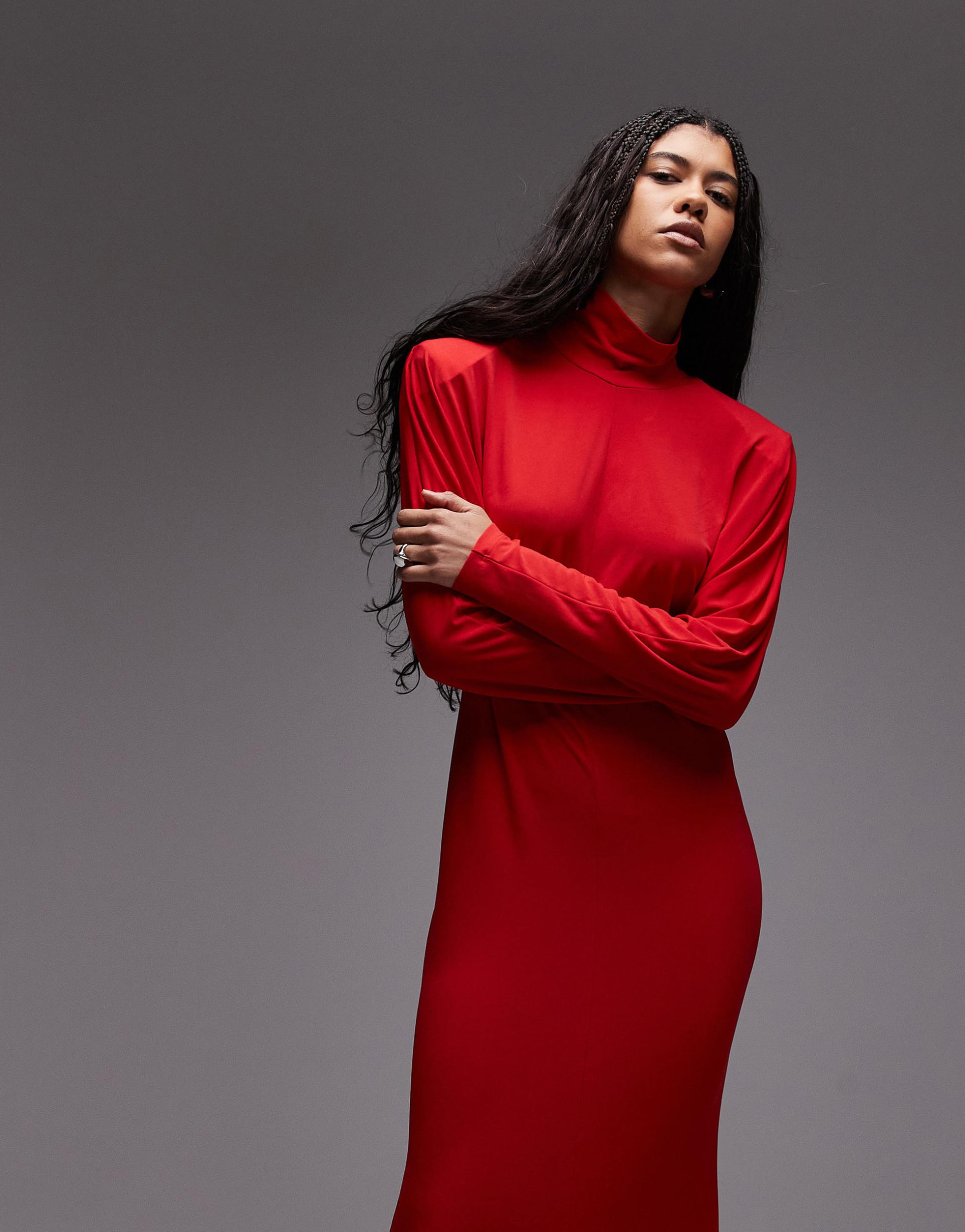 asos design slinky batwing sleeve high neck maxi dress in red