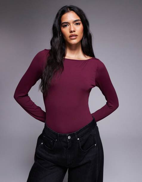 ASOS DESIGN slinky boat neck tank top in burgundy - view 1