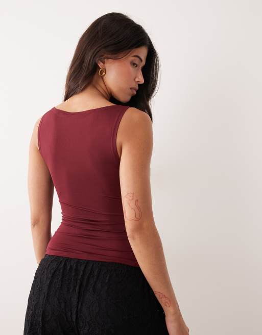 ASOS DESIGN slinky boat neck tank top in burgundy, 4 of 4