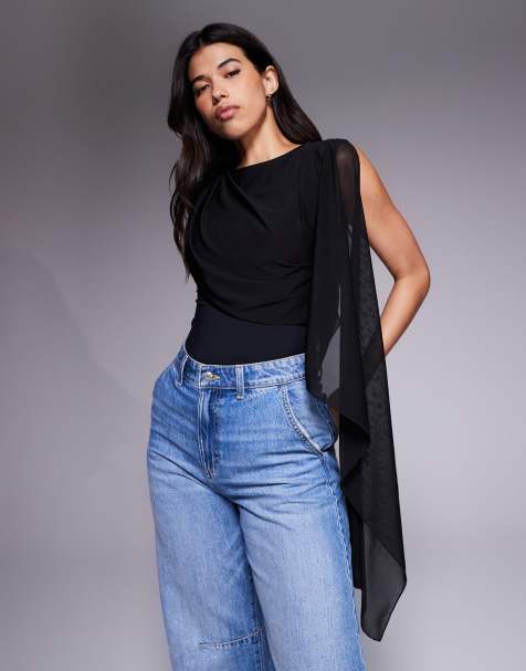 ASOS DESIGN slinky bodysuit with mesh cape detail in black - view 1