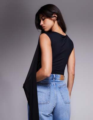 Asos Design Slinky Bodysuit With Mesh Cape Detail In Black