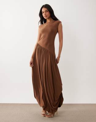 Asos Design Slinky Bubble Hem Maxi Dress With Asymmetric Seam In Brown