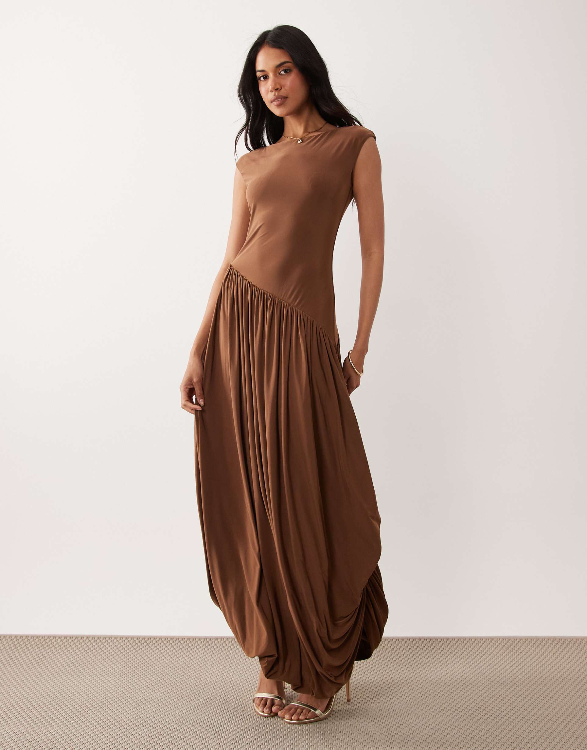 asos design slinky bubble hem maxi dress with asymmetric seam in mustard