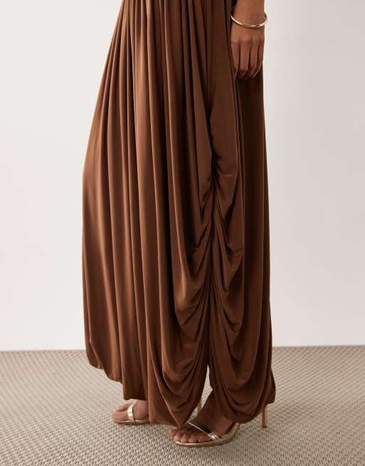 ASOS DESIGN slinky bubble hem maxi dress with asymmetric seam in mustard, 4 of 4
