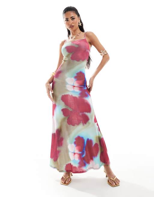 ASOS DESIGN slinky cami midi dress with low back in blurred floral print, 2 of 4