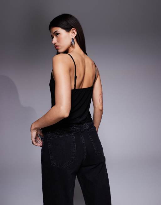 ASOS DESIGN slinky cami top with lace trim detail in black, 2 of 4