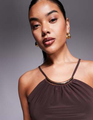 Asos Design Slinky Cami Top With Metal Crescent In Brown
