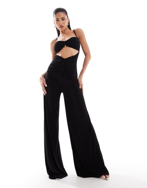 ASOS DESIGN slinky cami wide leg jumpsuit with trim detail in black ASOS