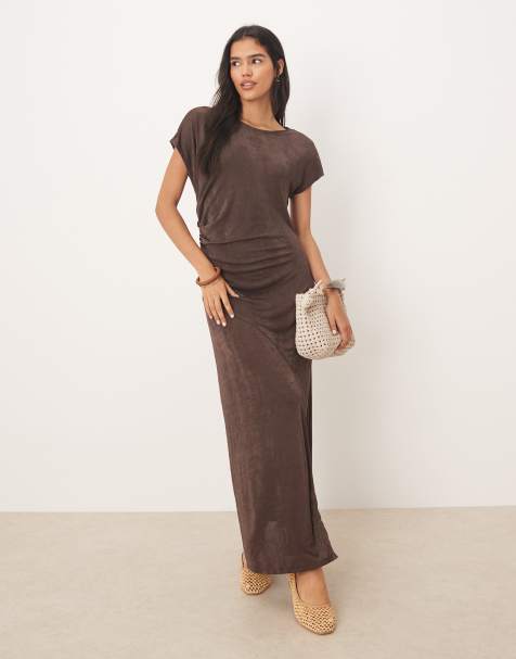 ASOS DESIGN slinky cap sleeve maxi dress with seam detail in brown - view 1
