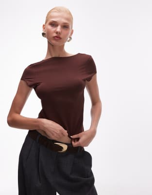 Asos Design Slinky Cap Sleeve Scoop Back Top In Brown