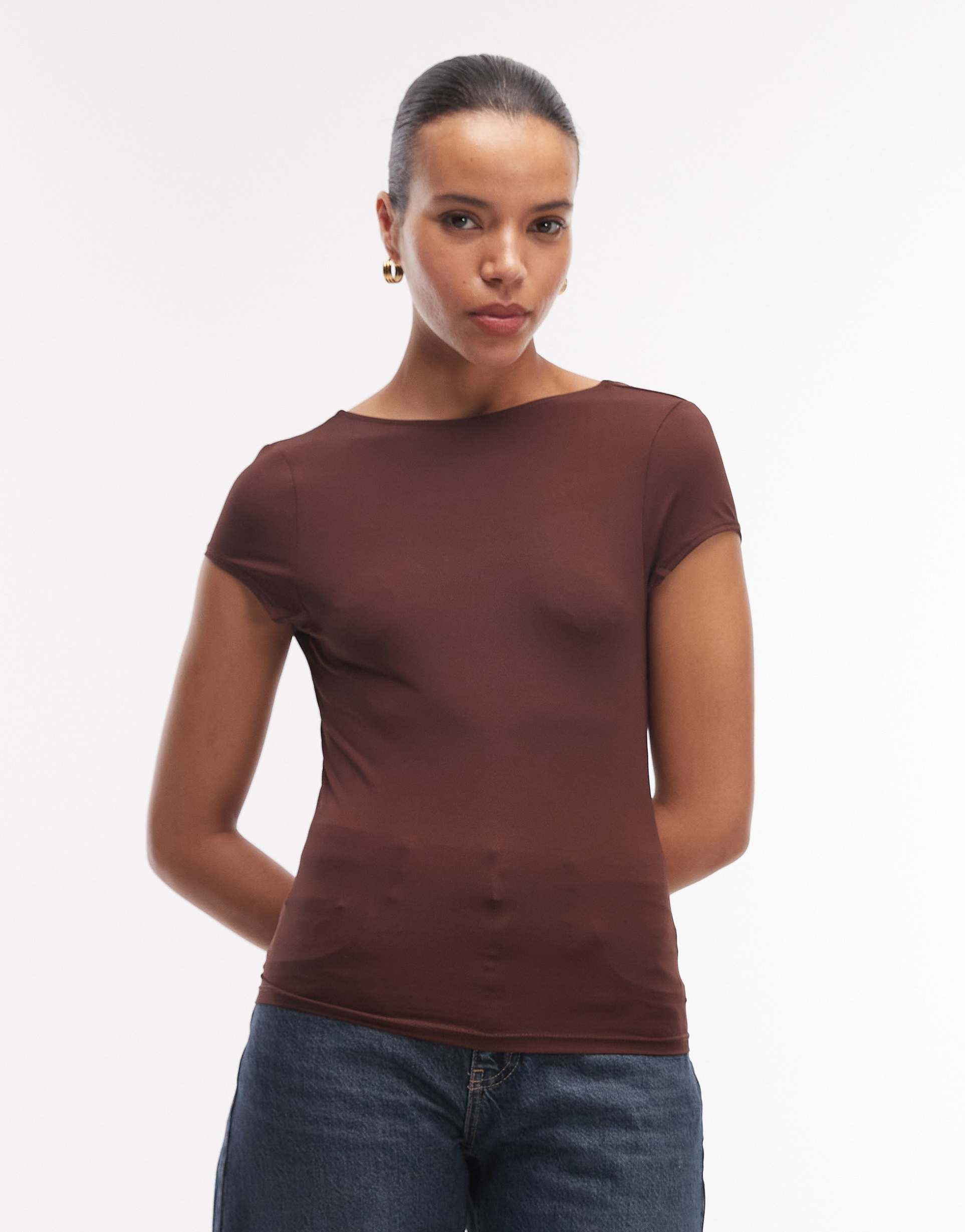asos design slinky cap sleeve scoop back top in chocolate