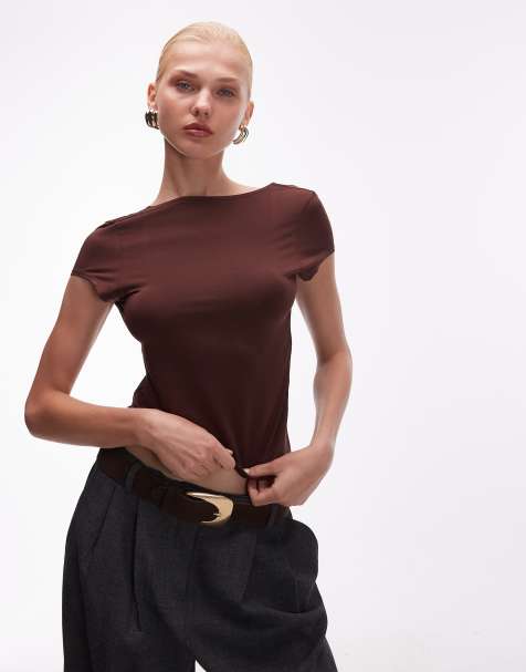 ASOS DESIGN slinky cap sleeve scoop back top in chocolate
