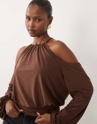Asos Design Slinky Cold Shoulder Blouson Top With Balloon Sleeves In Brown