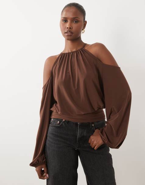 ASOS DESIGN slinky cold shoulder blouson top with balloon sleeves in chocolate - view 1