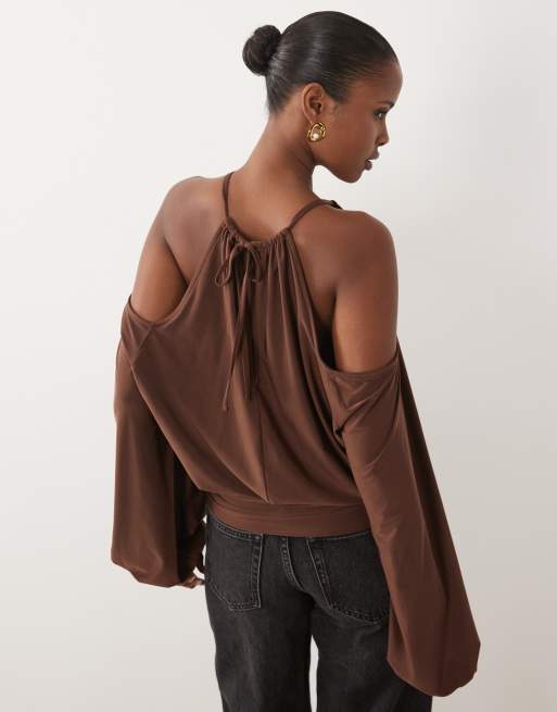 ASOS DESIGN slinky cold shoulder blouson top with balloon sleeves in chocolate, 2 of 4