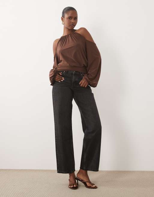 ASOS DESIGN slinky cold shoulder blouson top with balloon sleeves in chocolate, 4 of 4