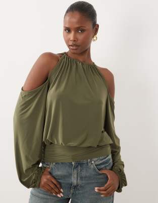Asos Design Slinky Cold Shoulder Blouson Top With Balloon Sleeves In Green