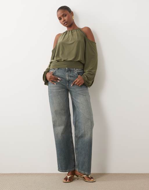 ASOS DESIGN slinky cold shoulder blouson top with balloon sleeves in khaki, 3 of 4