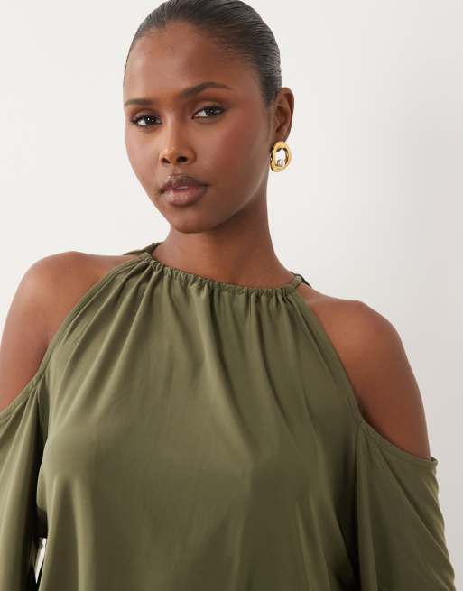 ASOS DESIGN slinky cold shoulder blouson top with balloon sleeves in khaki, 4 of 4