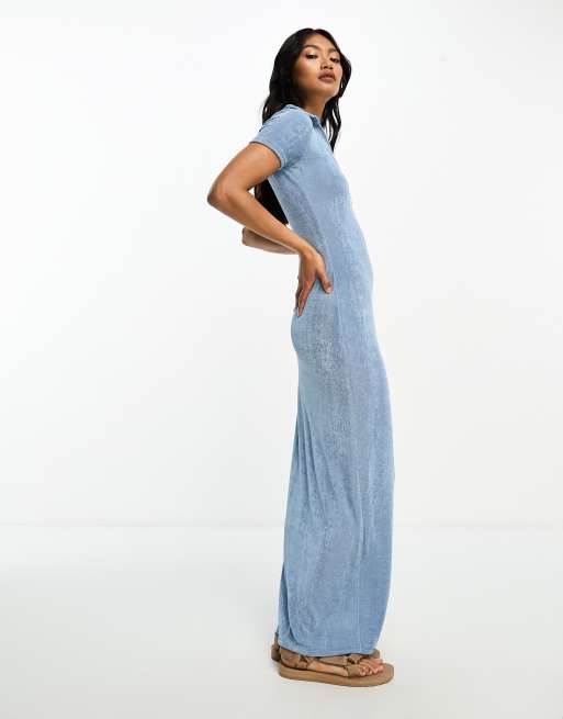 ASOS DESIGN slinky collared v neck maxi dress in washed blue