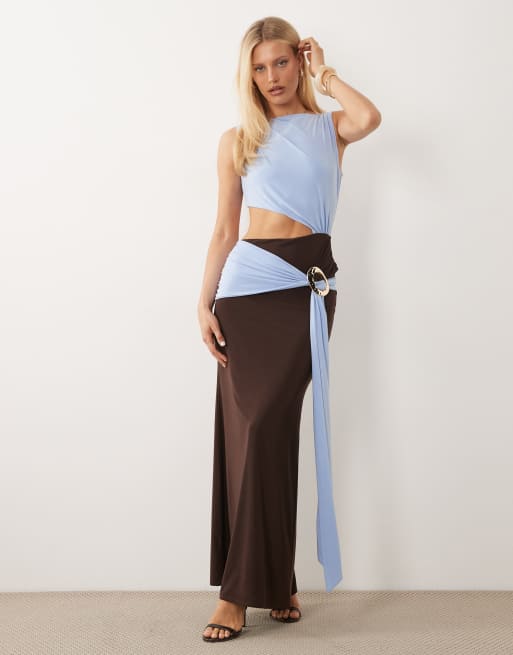 asos design short sleeve slinky maxi dress ASOS DESIGN slinky color block slash neck maxi dress with gold trim detail  in chocolate and baby blue